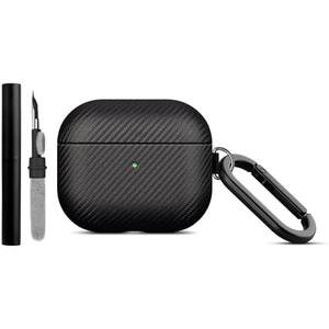 LOPIE Case Compatible with AirPods 3 (Released in 2021), Carbon Fiber Style Vegan Leather Case with Clip & Cleaner Kit, Protective Cover for Gen 3 AirPods (Not for AirPod Pro 3rd Generation) - Black