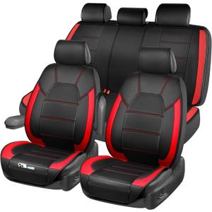 CAR PASS 5 Seats Leather Car Seat Covers, Sideless Car Seat Protectors with Storage Pocket, Water Resistance Seat Cover, Universal Fit Most Cars, SUVs, Trucks and Vans (Full Set,Black and Red) (Black and Red - Sideless)