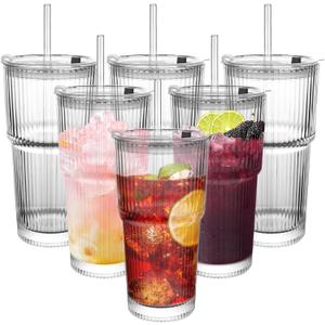 Ribbed Drinking Glasses,with Lids and Straws Glass Cup,19oz Glass cup,2 Pack Old Fashioned Glasses,Thickened for iced coffees,cocktails and juices, perfect for families and parties, 2 Pcs