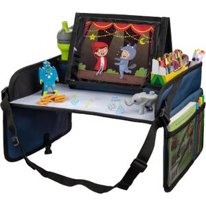Lusso Gear Kids Travel Tray for Car - Summer Road Trip Essentials for Kids - Car Seat Tray for Travel - Toddler Travel Lap Desk and Organizer - Holds Snacks, Water Bottle, Toys (Blue)