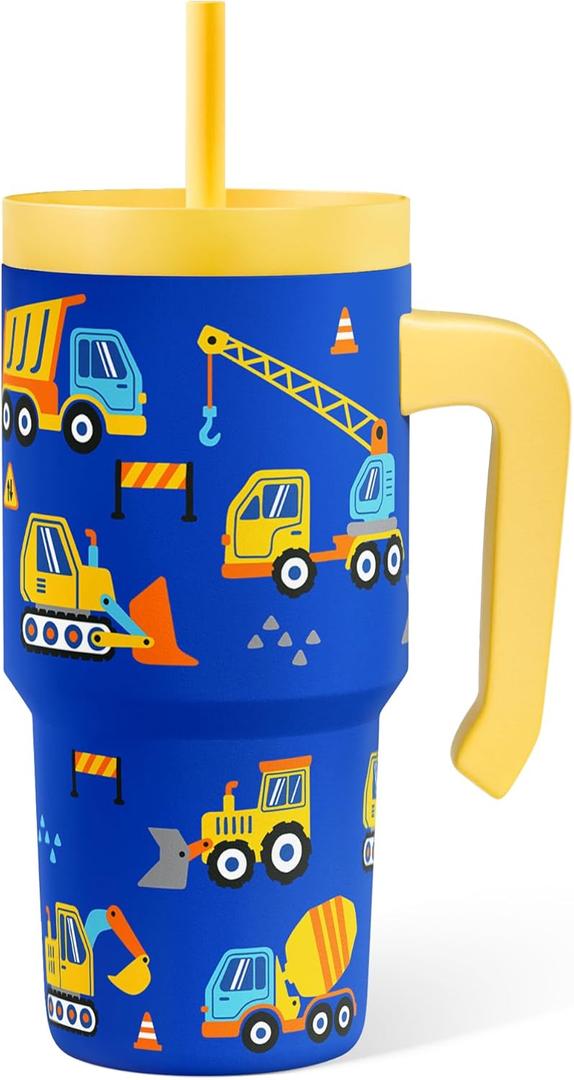 SANDJEST Construction Tumbler 20oz with Handle and Silicone Straw Lid for Kid, Insulated Stainless Steel Cup, Gift for Kids Boys, Gifts Idea for Birthday Christmas Back to School