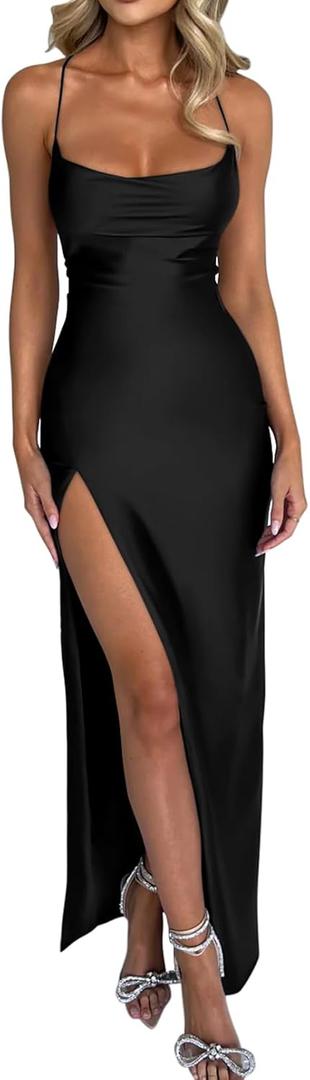 Memoriesea Women's Sexy Spaghetti Strap Bodycon Cowl Neck Party Cocktail Maxi Dress, Size Small (Black)