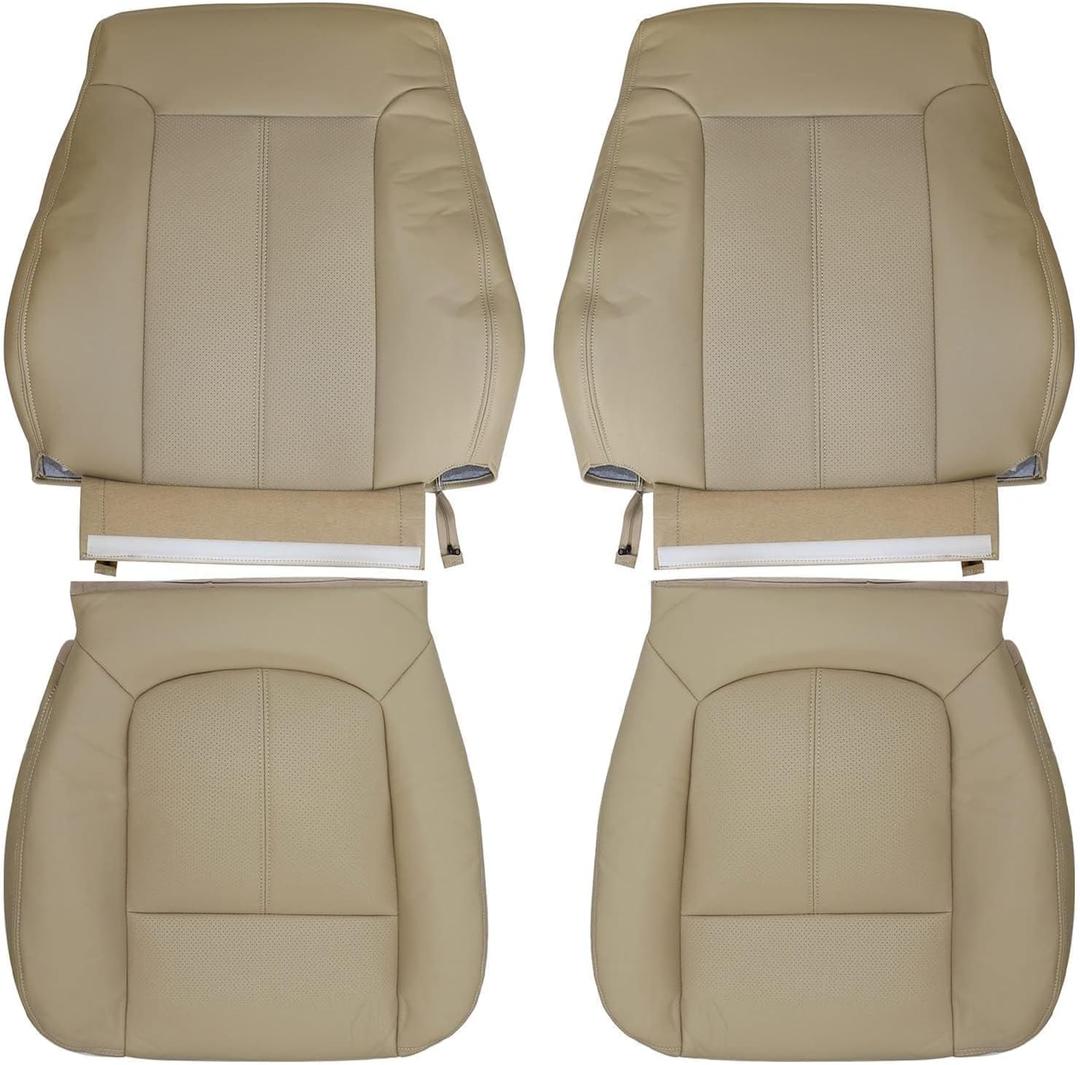 Priprilod Perforated Tan Microfiber Leather Driver and Passenger Bottom and Top Lean Back Replacement Seat Cover Compatible with Ford F250 F350 F450 F550 Lariat 2011 2012 2013 2014 2015 2016