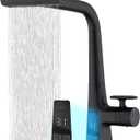 Black Waterfall Kitchen Sink Faucet with LED Temperature and Usage Time Display, Single Hole Kitchen Rain Faucet with Pull Down Sprayer, 3 Modes(Waterfall, Stream, Sweep) 360 Swivel -Matte Black