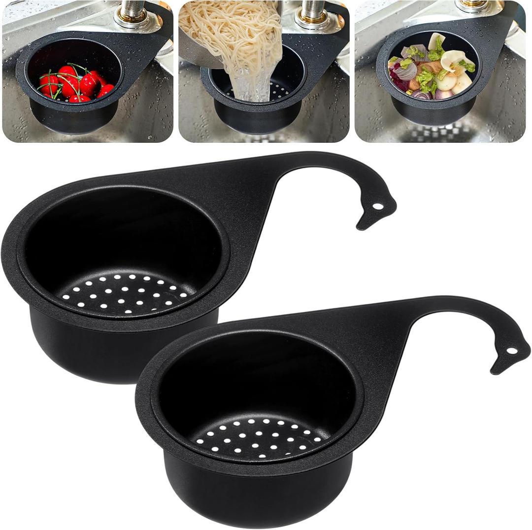 Teenyyou 2 Pcs Stainless Steel Sink Strainer Basket 15 Oz Multifunction Hanging Sink Colander Drain Basket Faucet Upgrade Quick Draining Kitchen Tool for Fruit Vegetable, 8.7 x 3.9 x 2.3 Inch (Black)
