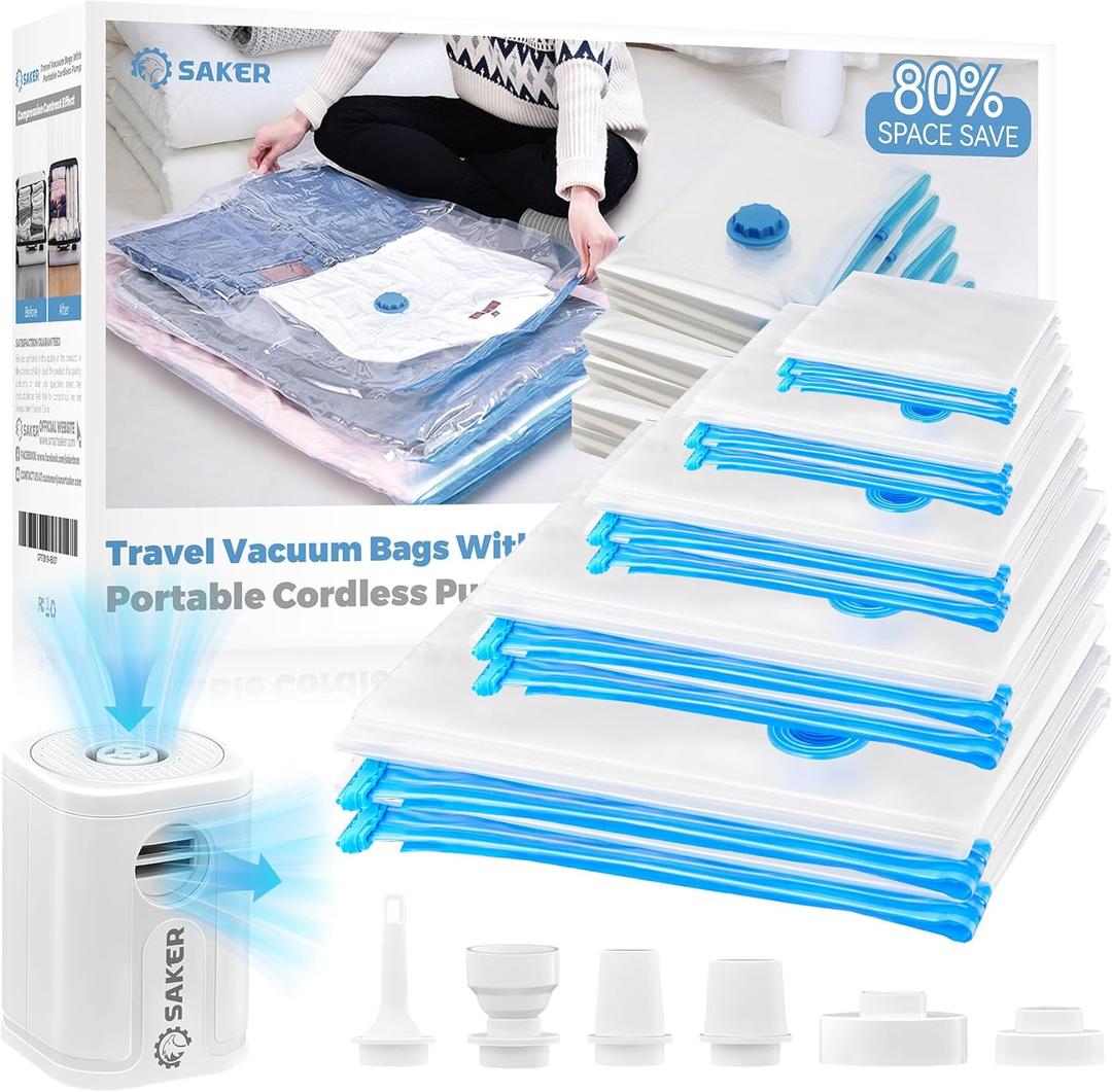 Saker Vacuum Storage Bags with Electric Pump, Space Bags Vacuum Storage Bags, 2-in-1 Pumping and Inflation, 15 Pack (3 Jumbo,3 Large,3 Medium,3 Small,3 Roll Up Bags) for Clothes, Bedding, Travel