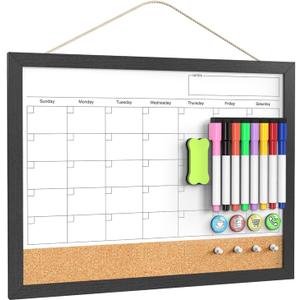 Dry Erase Calendar for Wall, 17x13 Inches Calendar Whiteboard for Wall, Small Magnetic White Board Corkboard with Wood Framed, Hanging Dry Erase Board for Kitchen Home Office School Planner (Black)