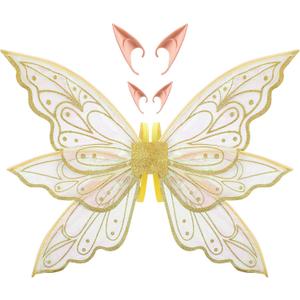 Sratte Fairy Wings with Elf Ears Butterfly Angel Wings for Women Adults Halloween Fairy Costume (Gold)