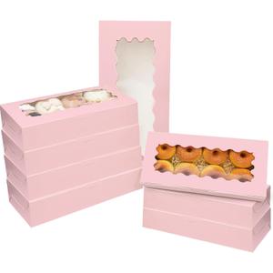 qiqee 50 Packs Pink Cookie Box with Window 12x5.5x2.5 Inch Two Uses Pastry Biscuit Bakery Box For Packaging