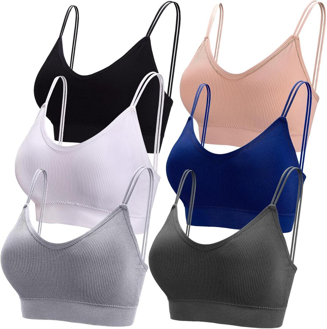 BQTQ 6 Pcs V Neck Bralettes for Women Padded Bralette with Straps Seamless Bra (X-Large, Black, White, Gray, Beige, Navy,dark Gray)