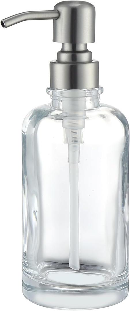 Clear Glass Soap Dispenser with Brushed Nickel Pump, 11 OZ Liquid Soap Dispenser Cylindrical with Stainless Steel Pump for Dish Hand Soap Bathroom Kitchen Vanity Countertop