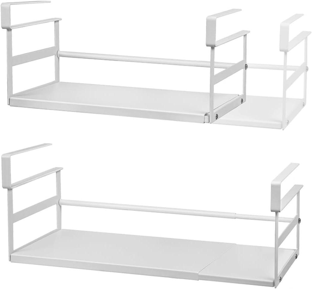 Under Shelf Storage Basket, 2 Pack Heavy-Duty Hanging Baskets Under Cabinet Shelf Organizer, Expandable Add-on Space Saver Kitchen, Pantry, Laundry Room, Slide-in White Shallow Depth & Wider Size