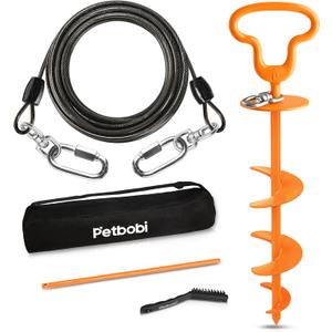 Petbobi Heavy Duty Dog Tie Out Cable and Stake - 20FT Steel Wire Dog Leads for Large Dogs Up to 300lbs, Anti Rust Spiral Stake with Strong Leash & 360 Swivel Hooks - Ideal for Yard, Outdoor & Camping (Black)