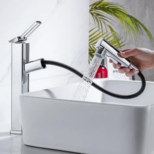HANLIAN Single Hole Bathroom Pull Out Faucet with Rotating Spout, One Handle Faucet for Bathroom Sink, Modern Bathroom Faucet with Pull Down Sprayer, 3 Modes Vanity Faucets (Tall, Chrome)