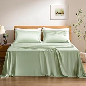 TOSMO Luxury Cooling Sheet Set - 100% Viscose from Bamboo, 4-Piece Bedding Set (Queen Size) - 18” Extra Deep Pockets, Oeko-Tex Certified, Silky Soft and Breathable, Light Green