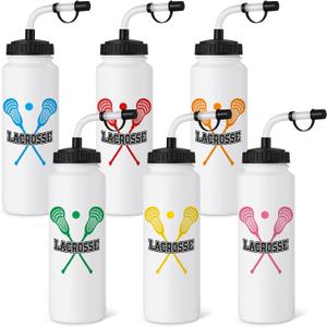 6 Pack Lacrosse Water Bottle with Long Straw 1 Liter Easy-Squeeze Sports Bottles BPA-Free Reusable Lacrosse Gifts Accessories Stuff for Men Women Player Lover Team
