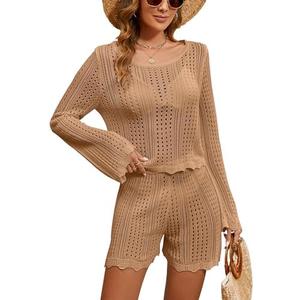 Blooming Jelly Womens Crochet Swimsuit Coverup Hollow Out Two Piece Set Bathing Suit Cover Up Beach Outfits L