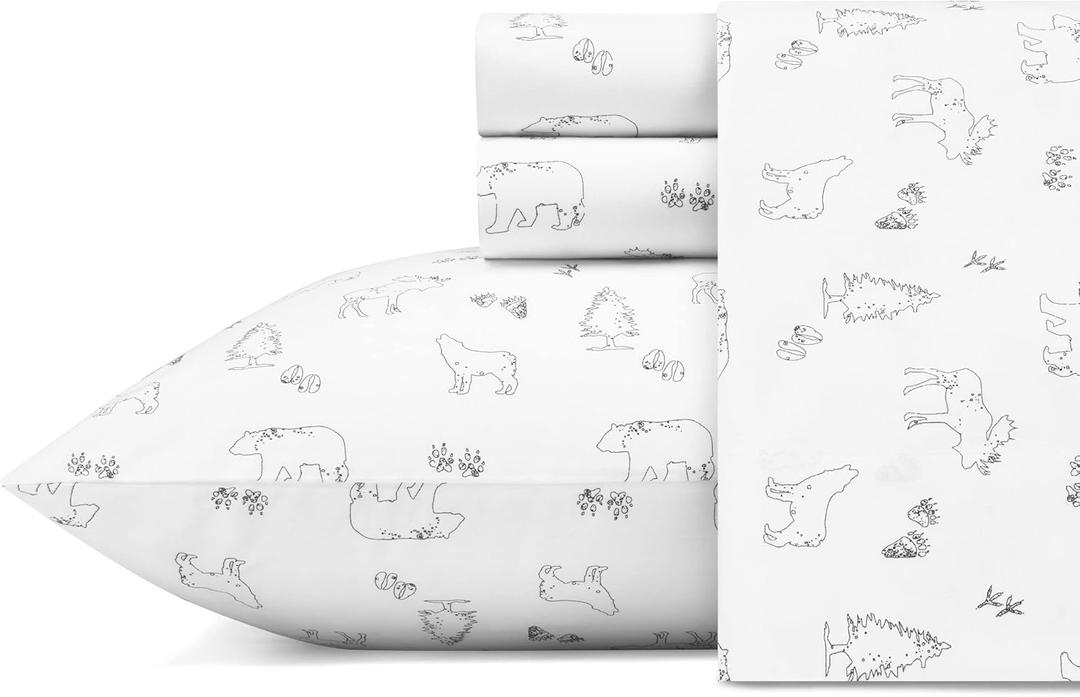 Eddie Bauer - Twin XL Sheet Set, Cotton Percale Bed Sheets, Crisp & Cool, Ideal Dorm Essentials (Animal Tracks White, Twin XL)