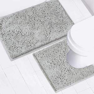 Bathroom Rugs Chenille Bath mat 2 Piece Set, Super Absorbent, Strong PVC Non Slip Backing, Bath mats for Bathroom, Plush Shaggy, Thick, Machine Washable, Bathtub, Toilet.(Light Grey)