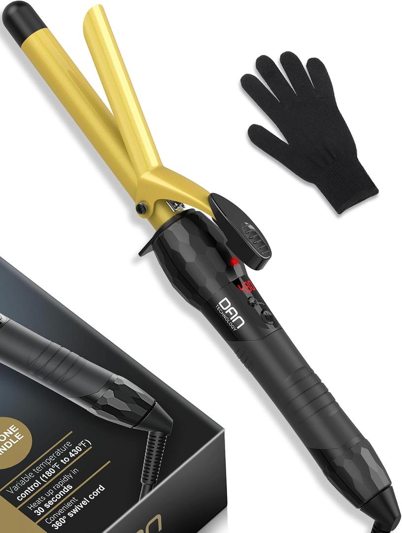 DAN Technology 3/4 Inch Curling Iron Wand, Tourmaline Ceramic Hair Curler with LCD Display (180F430F), Fast Heating, Dual Voltage, Auto Shut-Off, Black & Gold
