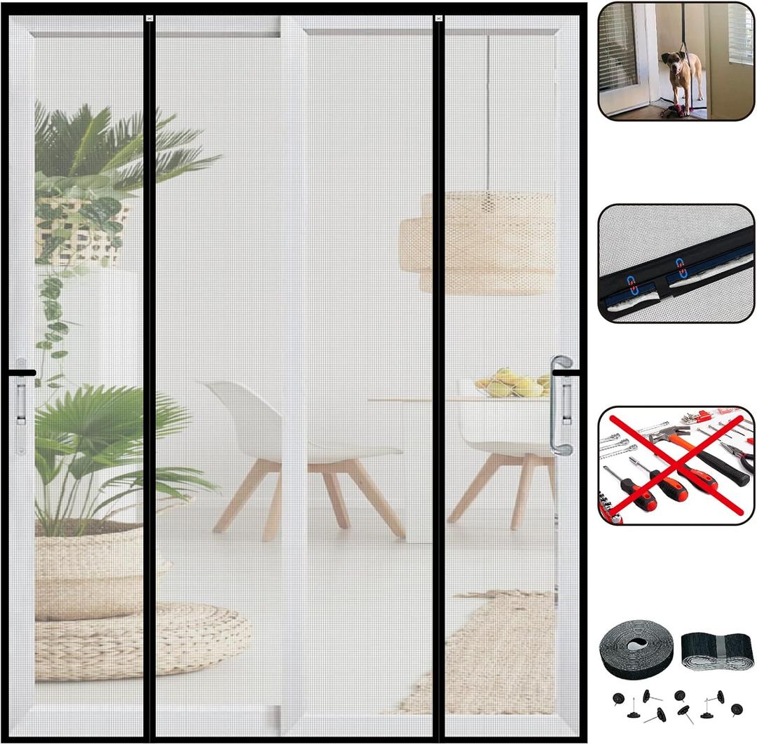 Double Door Mesh Screen Magnetic Closure Heavy Duty for Sliding Door 72" x 80" Extra Long Magnet Bug Screens for French Doors, Self Closing Fiberglass Mosquito Net for Doorway, Keep Bugs Out (Gray)