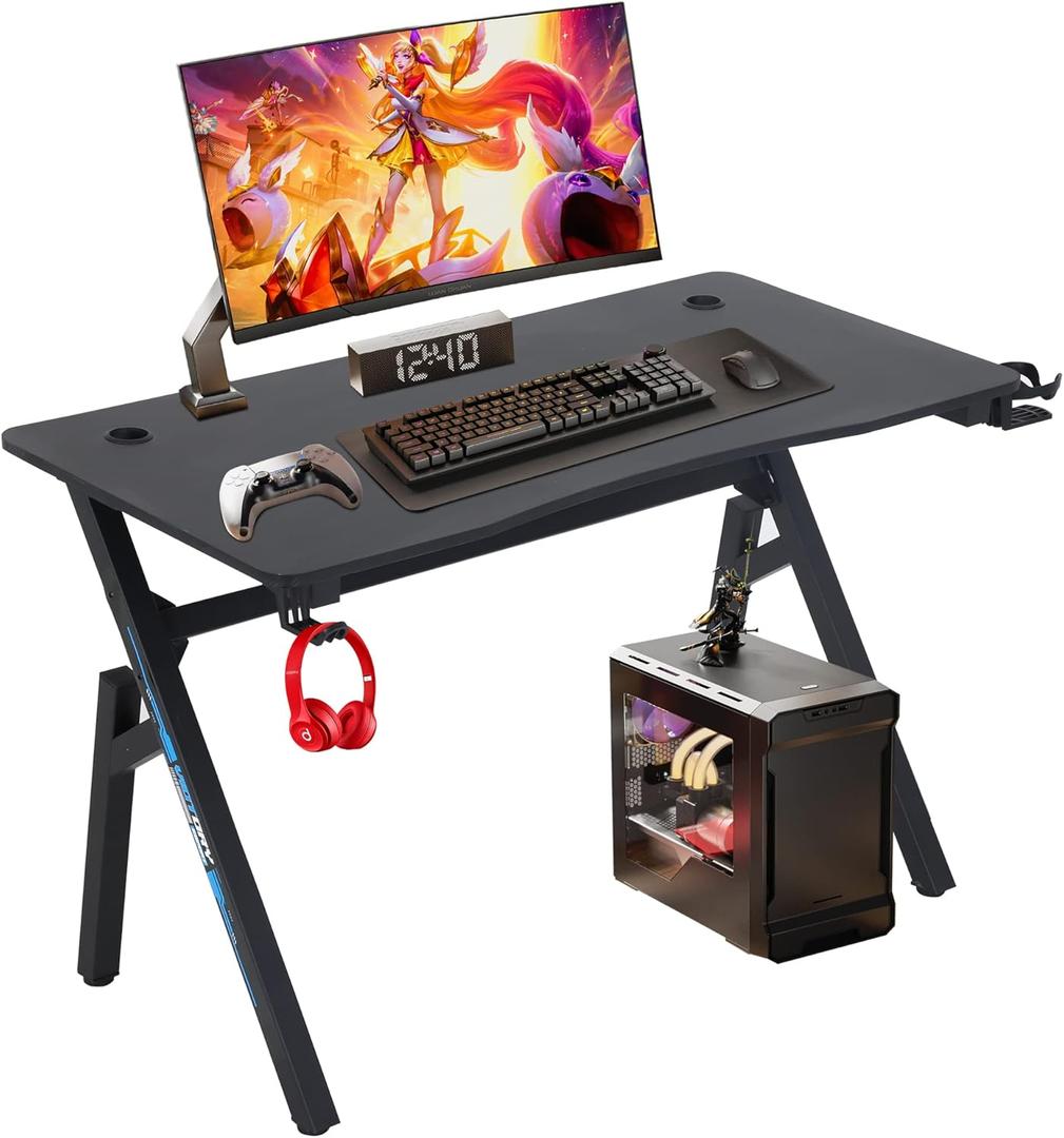 BestOffice | 47" Gaming Desk | Blue | Carbon Fiber Textured Computer Desk | Sturdy Steel Frame, Cup Holder, Headphone Hook, Cable Management Holes, Adjustable Leg Pads | for Gamers, Home, Office