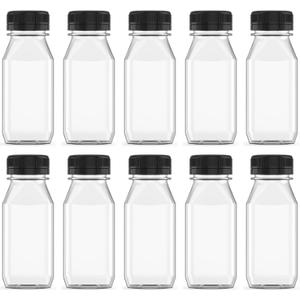 Hulless 10 Pcs 6 Ounce Plastic Juice Bottle Drink Containers Juicing Bottles with Black Lids, Suitable for Juice, Smoothies, Milk and Homemade Beverages