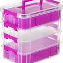 JUXYES 4-Tiers Stack Carry Storage Box With 2 Divided Tray, Transparent Stackable Storage Bin With Handle Lid Latching Storage Container for School & Office Supplies, Purple