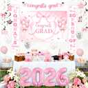 Bow Graduation Party Decorations 2026 Congrats Grad Backdrop, Banner, Class of 2026 Hanging Swirls Honeycomb Centerpieces,Balloons Congratulate Party Decor for 2026 Graduation Party Supplies