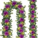 MACTING 2 Pack 13.2FT Eucalyptus Garland with Lights - Spring Gypsophila Flower Garlands with 24 Purple Roses Artificial Floral Greenery Vines for Arch Table Centerpieces Backdrop Party Wedding Decor