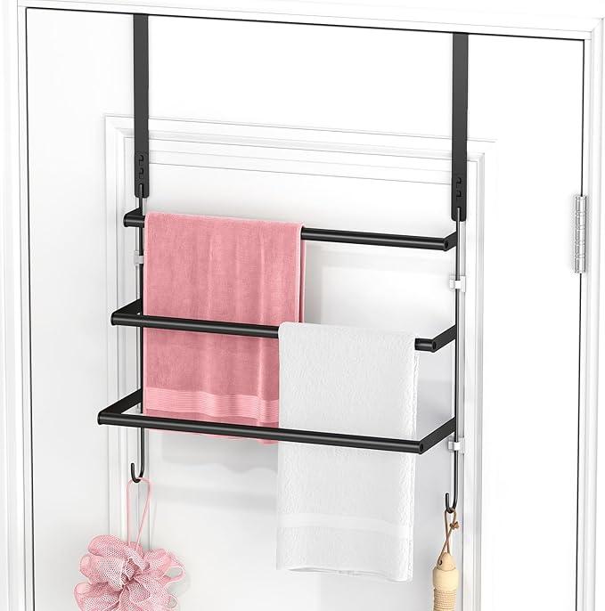 Over The Door Towel Rack, 24 Inch Towel Rack with Hooks for Door Hanging, Door Towel Bar, Over Door Towel Racks for Bathroom (Black)