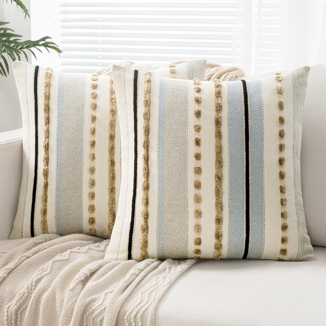 EMEMA Set of 2 Boho Decorative Throw Pillow Covers Tufted Chenille Farmhouse Cushion Covers Textured Striped Pillow Covers Accent Neutral Pillowcases for Sofa Couch Bed Home Decor 18x18 Inch Blue