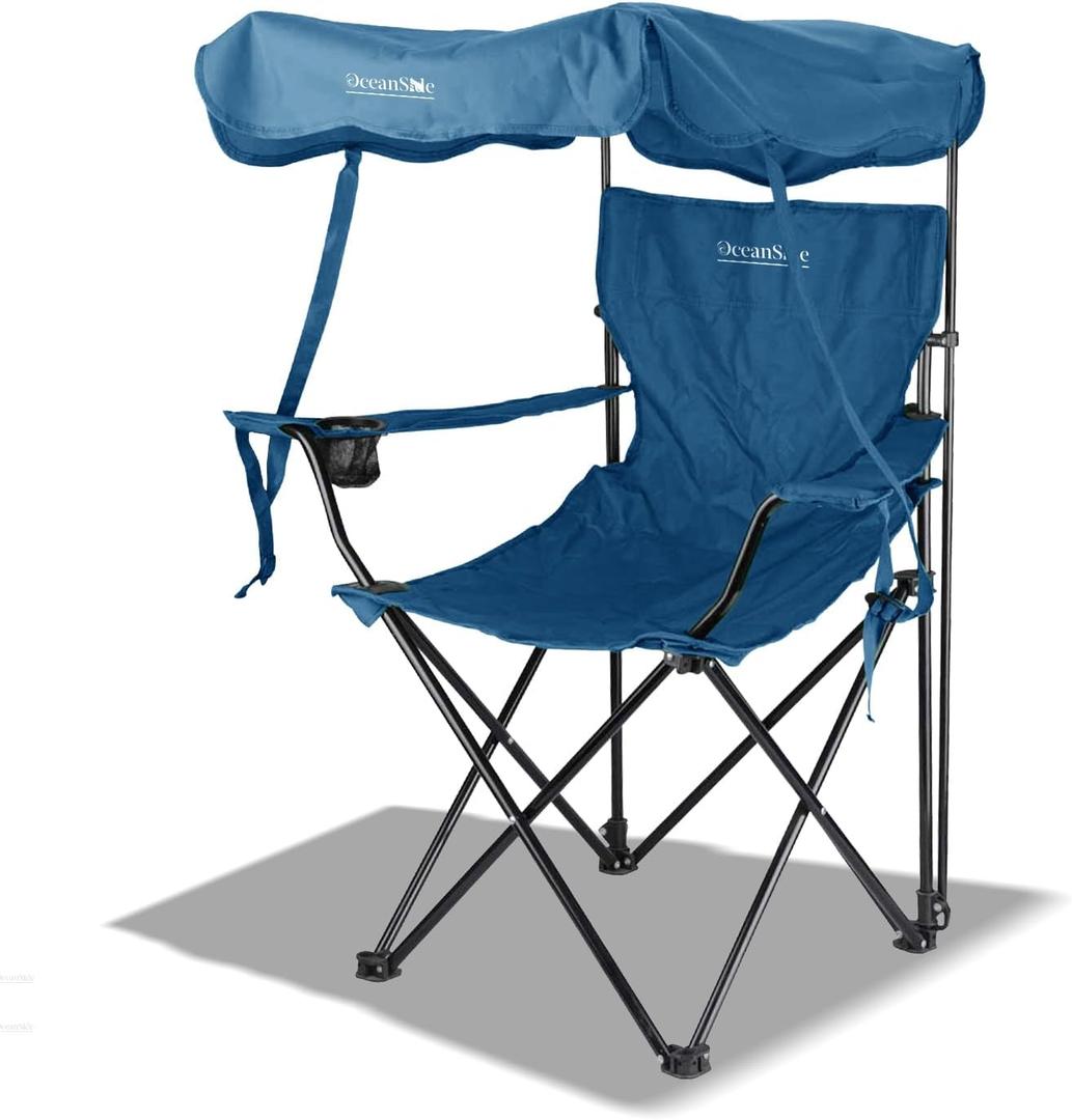 Living + Folding Camping Chair with Canopy Shade, Beach Chair, Steel Frame, Cup Holder, Portable and Lightweight, Comfortable Design, Sun Protection for Outdoor, Beach, Camping, Picnic