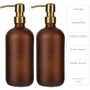 Essentials Glass Soap Bottle Dispensers, 2 Pack, Stainless-Steel Pumps Rust-Free, Hand Set for Bathroom Kitchen Sink, Liquid Lotion Shampoo Jars , 16 Oz