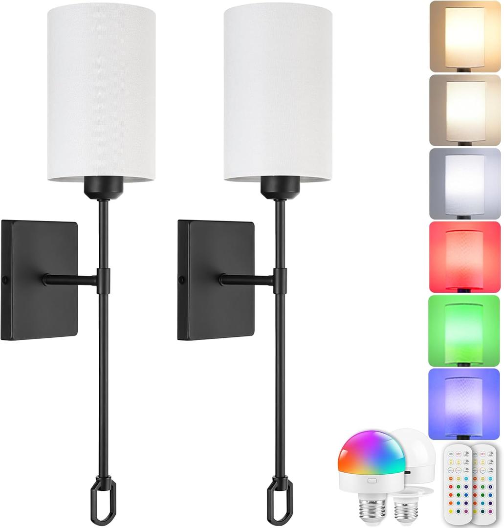 Battery Operated Wall Sconces Set of 2 with Remote, Wireless Wall Sconce with 2 Dimmable RGB LED Bulbs, Rechargeable Wall Lamps, Not Hardwired Wall Lights, Linen Shade, Black B04YBP205