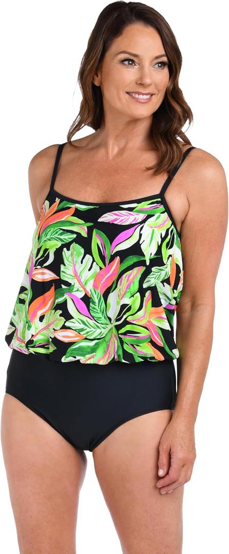 Maxine of Hollywood Women's Scoop Neck Faux Tankini One Piece Swimsuit (16, Multi//Rainforest Rainbow)