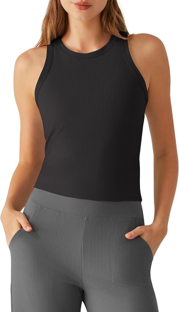 G4Free Workout Tank Tops for Women Slim Fitted Racerback Ribbed Athletic Gym Yoga Tanks Summer Casual (Black, L)
