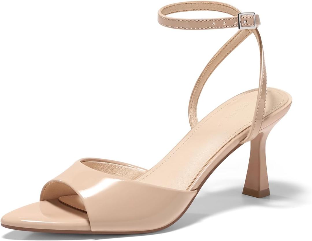 Coutgo Womens Kitten Heels Sandals Pointed Open Toe Ankle Buckle Strap Summer Dress Shoes (6, Nude)
