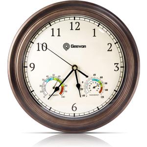 Geevon 14 Inch Retro Wall Clocks Battery Operated with Hygrometer and Thermometer Combo, Silent Wall Clock Non-Ticking Quartz Decorative for Kitchen Living Room School Bedroom