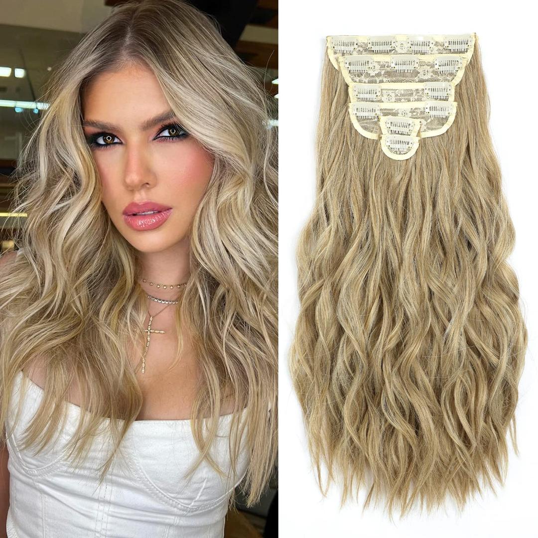 Fliace Clip in Hair Extensions, 6 PCS Natural & Soft Hair & Blends Well Hair Extensions, Long Wavy Hairpieces(20inch, 6pcs, Mixed Dirty Blonde)