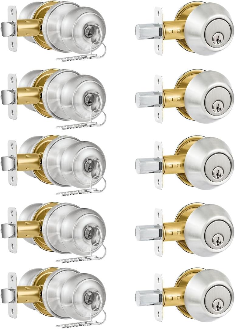 Plustool 5 Pack Entry Door Lock and Single Cylinder Deadbolt Combo Set, Keyed Alike Satin Nickel Exterior Door Knobs with Lock&Keys, Round Ball Door Locksets with Deadbolt for Entrance and Front Door