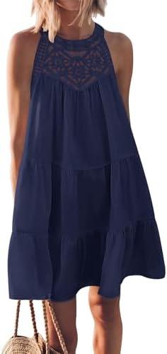 MEROKEETY Women's Summer Casual Halter Dress 2025 Beach Vacation Tiered Swing Mini Sundress. Size M