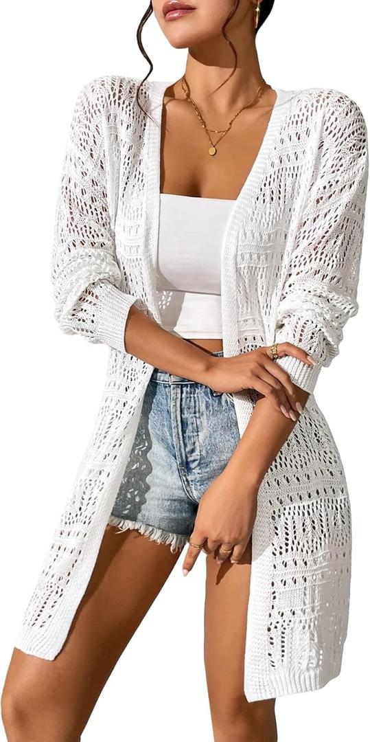 GORGLITTER Women's Crochet Cardigan Sweater Lightweight Open Front Long Sleeve Hollow Out Kimono Summer Cardigan (Large, White)