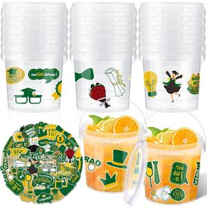 PerKoop 20 Pcs 32 oz Ice Cream Buckets with Lids and Handles Clear Cocktail Rum Buckets with Stickers Plastic Transparent Tub Reusable Food Storage Containers for Parties(Green)