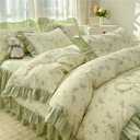 4pcs Duvet Cover Set Queen Size-100% Luxury Cotton Ultra Soft Ruffle bedding set includ 1 Duvet Cover with Zipper Ties,1 Fitted Sheet with Bed Skirt, 2 lace Pillow Shams for all season (light green)