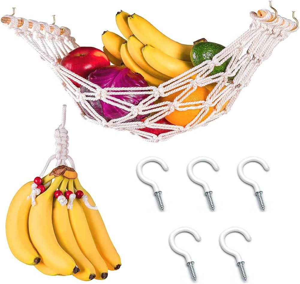 Uenede 1Set Cotton Material Hanging Fruit Hammock and a Net Rope for Hanging Bananas with 2 Hooks Vegetable Net Bag Can be Installed Under the Cabinet to Save Space