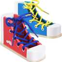 STOBOK 2pcs Learn to Tie Shoes for Kids with Wooden Lacing Sneaker Toy Tie-Up Shoe Practice Kit Threading Montessori Educational Toys (Blue + Pink)