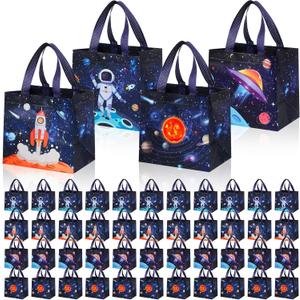 Windyun 48 Pcs Space Gift Bags Bulk Large Outer Space Party Favors Non Woven for Goodie Candy Treat with Handles 8.3 x 7.9 x 5.9 Inch Planet Galaxy Tote Bags Astronaut Birthday Shower Party Supplies