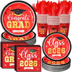 Funnymoom 400 Pcs Graduation Party Supplies Class of 2026 Graduation Paper Plate Napkin Cup Cutlery Congrats Grad Disposable Tableware Set for Grad Party Decorations, Serve 50(Red)