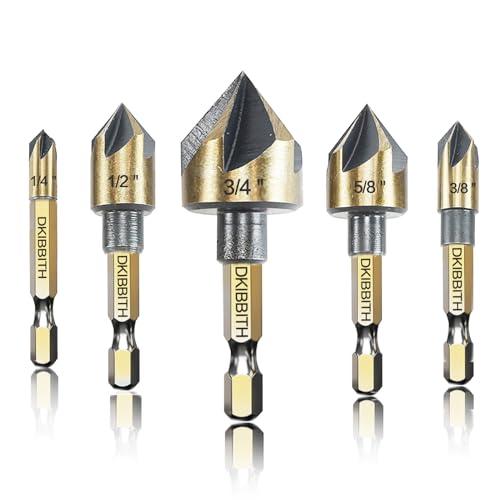 Countersink Drill Bit Set, 5pc, 1/4" Hex Shank, 82 Degree Countersink Holes for Screws to Sit Flush or Under the Surface of Metal Wood Plastic, Sizes 1/4, 3/8, 1/2, 5/8, 3/4 Inches with Storage Case